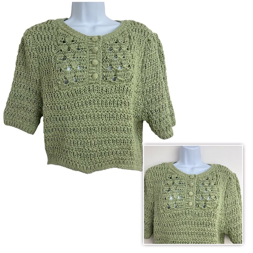 Caroline Constas Crochet Knit Crop Top Green Bottom Front Size L Short Sleeve